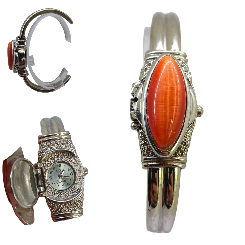 WORKS Vintage Quartz Watch Cuff Bracelet Stainless Steel Carnelian Stone Jewelry